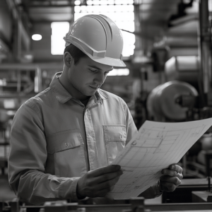 photo in black and white, aesthetics, a young engineer in a hard hat is looking at drawings, around the workshop of a machine-building plant