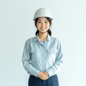 A young Japanese woman wearing work and an engineer's helmet smiles for the camera, her hands in front of her waist. She is dressed in a light blue long-sleeved work shirt with navy trousers. The background color should be white to highlight her facial features. Use soft lighting to create gentle shadows on her face. This photo will capture attention and convey professional success through an authentic image.