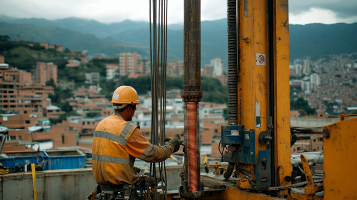 inematic, natural photograph, Worker handling tubes for geotechnical soil study, rig drill in a Colombian city,